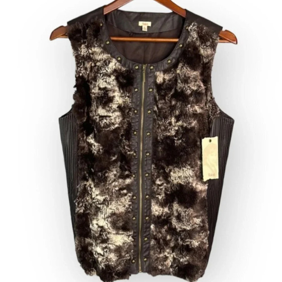 REBA NWT Faux Fur Vest Madrid Brown Faux Leather Zip Up Studded Brass Mobwife L - Picture 2 of 11